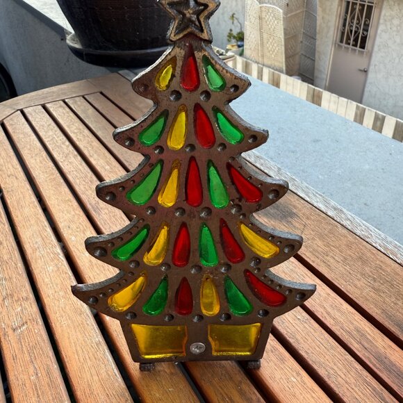 Vintage Cast Iron Stained Glass Christmas Tree Votive Candle Holder - Picture 5 of 5